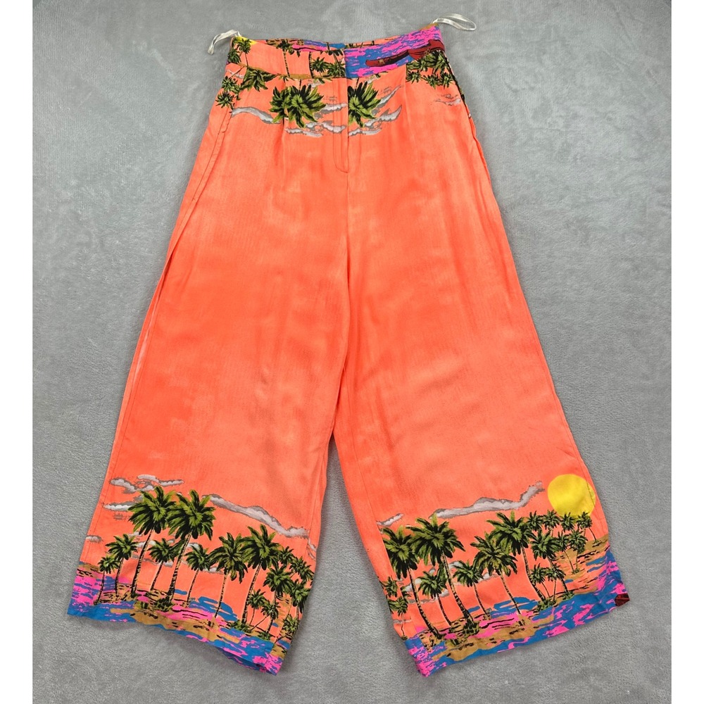 FARM Rio Wide Leg Pants Women S Orange Tropical Sunset Palm Tree High Slit Boho